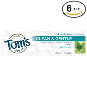 Tom's of Maine Natural Clean and Gentle Care,  SLS-Free Antiplaque plus Whitening Spearmint Toothpaste, 5.2 -Ounce Tubes (Pack of 6)