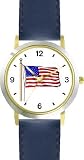 US Flag Waving American Theme - WATCHBUDDY&reg; DELUXE TWO-TONE THEME WATCH - Arabic Numbers - Blue Leather Strap-Women's Size-Small