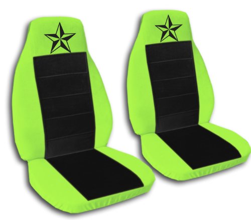 1991 Ford Mustang GT seat covers. One front set of seat covers. Lime green and black seat covers with a black star.