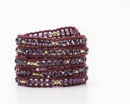 EA Gold Vermeil Nuggets with Purple Crystals on 5 Layer Maroon Leather Wrap Bracelet
