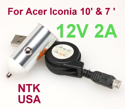 NTK 12V 2.0 A MINI SILVER BULLET STYLE CAR CHARGER + CHARGING CABLE COMBO FOR ACER INCONIA A500 A100 10 INCH AND 7 INCH TABLET