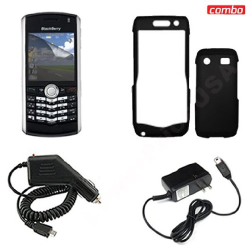 Blackberry pearl 9100 Combo Rubber Jet Black Metallic Protective Case Faceplate Cover + LCD Screen Protector + Rapid Car Charger + Home Wall Charger for Blackberry pearl 9100