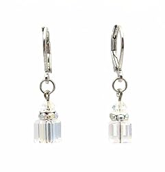 Earrings - E253 - Austrian Crystal Cube on Leverbacks ~ Clear AB Irridescent