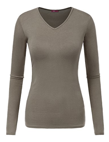 Doublju Women Long Sleeve V neck Slim Simple Basic T-shirt