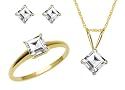 10k Yellow Gold, April Birthstone, White Topaz Ring, Pendant and Earring Set, Ring Size 7