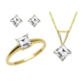 10k Yellow Gold, April Birthstone, White Topaz Ring, Pendant and Earring Set, Ring Size 7