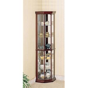 item Cherry finish wood curio cabinet with glass shelves, mirrored back and glass doors
