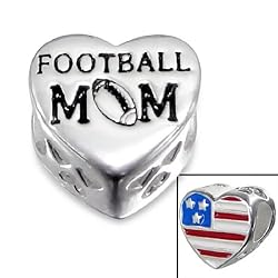 Cheneya Football Mom Sterling Silver Heart Bead with Red White and Blue American Flag