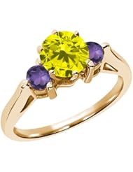 0.67 Ct Round Canary Diamond Purple Amethyst 18K Yellow Gold 3-Stone Ring
