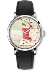 SPRAWL Aanalog Fashion Series Silver Ladies Watches of Genuine Black Leather Strap,Unique Wrist Watch for Women Girls Designed with cute vases