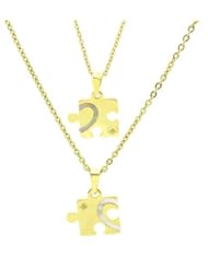 Chelsea Jewelry Private Collections Various Gold Puzzle Shaped Pendants Set With Inlay Pearl For Couples. 18 Inches Flat Cable Chain is Provided.(set of 2)