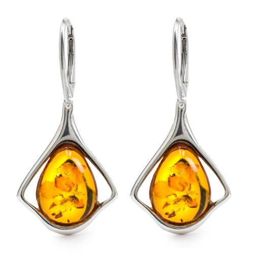 Certified Genuine Honey Amber and Sterling Silver Designer Big Drop Leverback Earrings