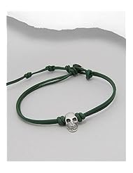 Forest Green Skull Leather Bracelet In 92.5 Sterling Silver