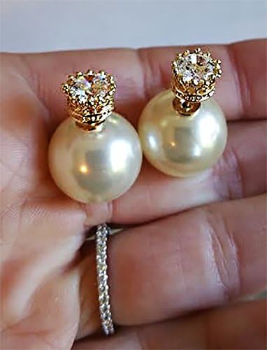 Gold And CZ simulated diamond Double Pearl stud front back High low earrings studs, Bridal earrings