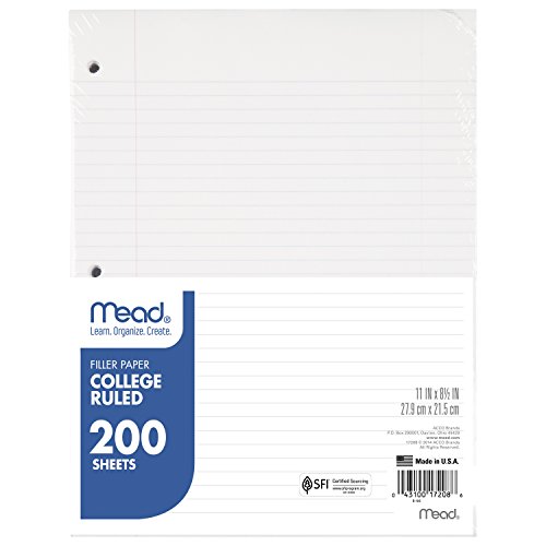 Mead Filler Paper, Loose Leaf Paper, College Ruled, 200 Sheets/Pack (17208)