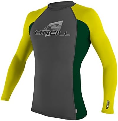 O'Neill Wetsuits Men's UV Sun Protection Skins Long Sleeve Crew Rashguard, Graphite/Combat/Yellow, Medium