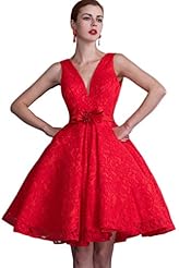 V-neck Knee Length Short Plunging Neck Lace Fitted  Beaded   Ball Gown  Dress With a Bow(s)