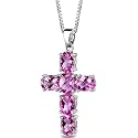 Radiant Glory: Sterling Silver Oval Shape Checkerboard Cut Pink Sapphire CROSS Pendant with 18 inch Silver Necklace and Free Shipping