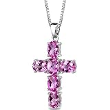 Radiant Glory: Sterling Silver Oval Shape Checkerboard Cut Pink Sapphire CROSS Pendant with 18 inch Silver Necklace and Free Shipping