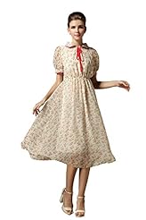 Sexy Short Sleeves Floral Print Elasticized   Waistline Vintage  Dress