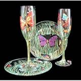 Butterfly Meadow Design - Hand Painted - Toasting Flutes - 6 oz. & 7 inch Cake Plates