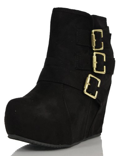 Soda Women's Besso Faux Suede Triple Buckle Platform Wedge Ankle Bootie Boot