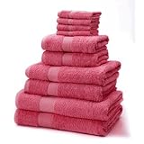 10 Piece Turkish Cotton Towel Set & FREE Bath Mat (Raspberry)