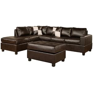 Bobkona Soft-touch 3-pcs Sectional Set (Sofa, Loveset and Ottoman with Storage) Bounded Leather Match in Espresso Color - F7351