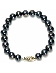14k Yellow Gold Dyed Peacock Black Freshwater Cultured Pearl AA Grade 8.5-9mm Bracelet, 8"