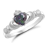 Sterling Silver Rainbow Topaz Heart CZ Claddagh Ring Sizes 4 to 10