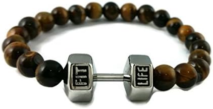 Stainless Steel Fit Life Dumbell and Natural Tiger Eye Stone Beaded Stretch Bracelet