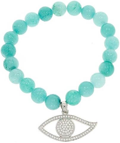 JDM Sterling Silver with White Rhodium Finish and CZ Evil Eye Stretch Bracelet with Turquoise Color Beads