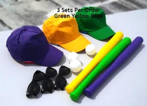Kids 22" Baseball Set . Bat and Ball, Cap and Sunglasses (3 Colored Pairs) Green,Yellow,Blue,