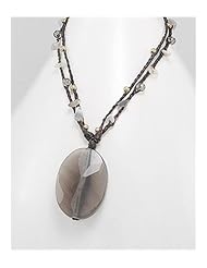 Gray Cotton Waxed Thread Natural Stone Necklace In Brass