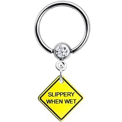 Slippery When Wet Warning Sign Dangle Captive Ring