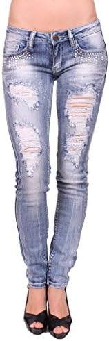 Machine Jeans Women Distressed Skinny Jeans with Heart Design and Rhinestones 11 Medium Denim