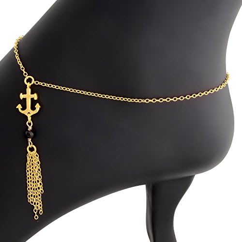 Hand Crafted Nautical Anchor Anklet with Black Onyx Faceted Bead Gem 14k/ 925 Sterling Silver (gold-plated-silver)