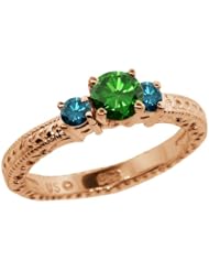 0.79 Ct Round Green and Blue Diamond 18K Rose Gold 3-Stone Ring