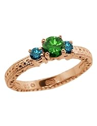0.79 Ct Round Green and Blue Diamond 18K Rose Gold 3-Stone Ring