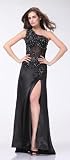 1346 ONE SHOULDER FLORAL LACE SEQUINCE HIGH SLIT LONG GOWN