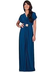 Apparel: Koh Koh WomensVneck Short Sleeve Ruched Waist with Gold Belt Maxi Dress - Medium - Teal