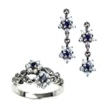 Gemini Silver Natural Seed Pearl Earrings & Ring Set, Sapphire - by Dahlia Vintage Jewelry Collection