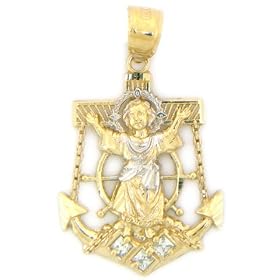 10K TWO-TONE GOLD CZ RELIGIOUS ANCHOR CHARM PENDANT
