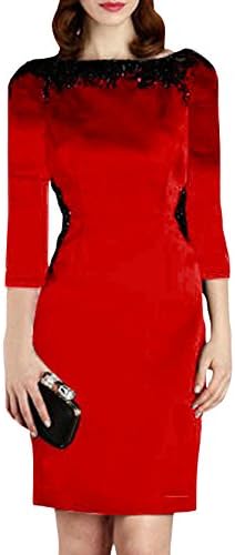LISTEN TO ME Women's Slim Fit Elegant Beaded 3/4 Sleeve Short Dress Red M