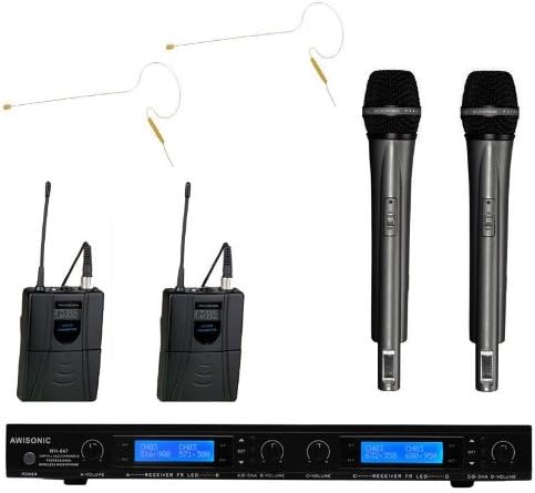 Awisco UHF 847h6302 4 Channel 2 Handheld & 2 Mini Headset Wireless Microphone
