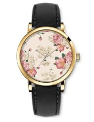 Analog Gold Women Watches Black Leather Wristband - Red and White Flowers