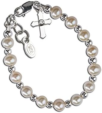 Girls Bracelet, Infant Baby Size 0-12 Months, Kaitlyn - Sterling Silver Bracelet, Special Keepsake Bracelet Featuring Cultured Pearls, Silver Accents, and a Simple Silver Cross. This Precious Bracelet Is Perfect for Baptisms, Dedications, and Christenings! Makes a Great First Communion Gift for Girls Too!