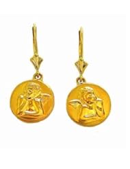 14K Solid Yellow Gold Round Raphael Angel Lever Back Earrings 13mm