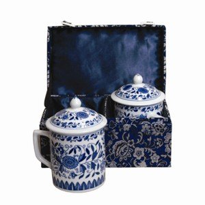 Two Mug Set with Lids Made From Asian Porcelain for Tea or Coffee - Blue Floral Design in Silk Gift Box On Sale
