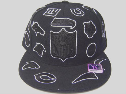 Size 7 3/4 Black NFL Logos Embroidered on Black Fitted Flat Bill Cap / Hat